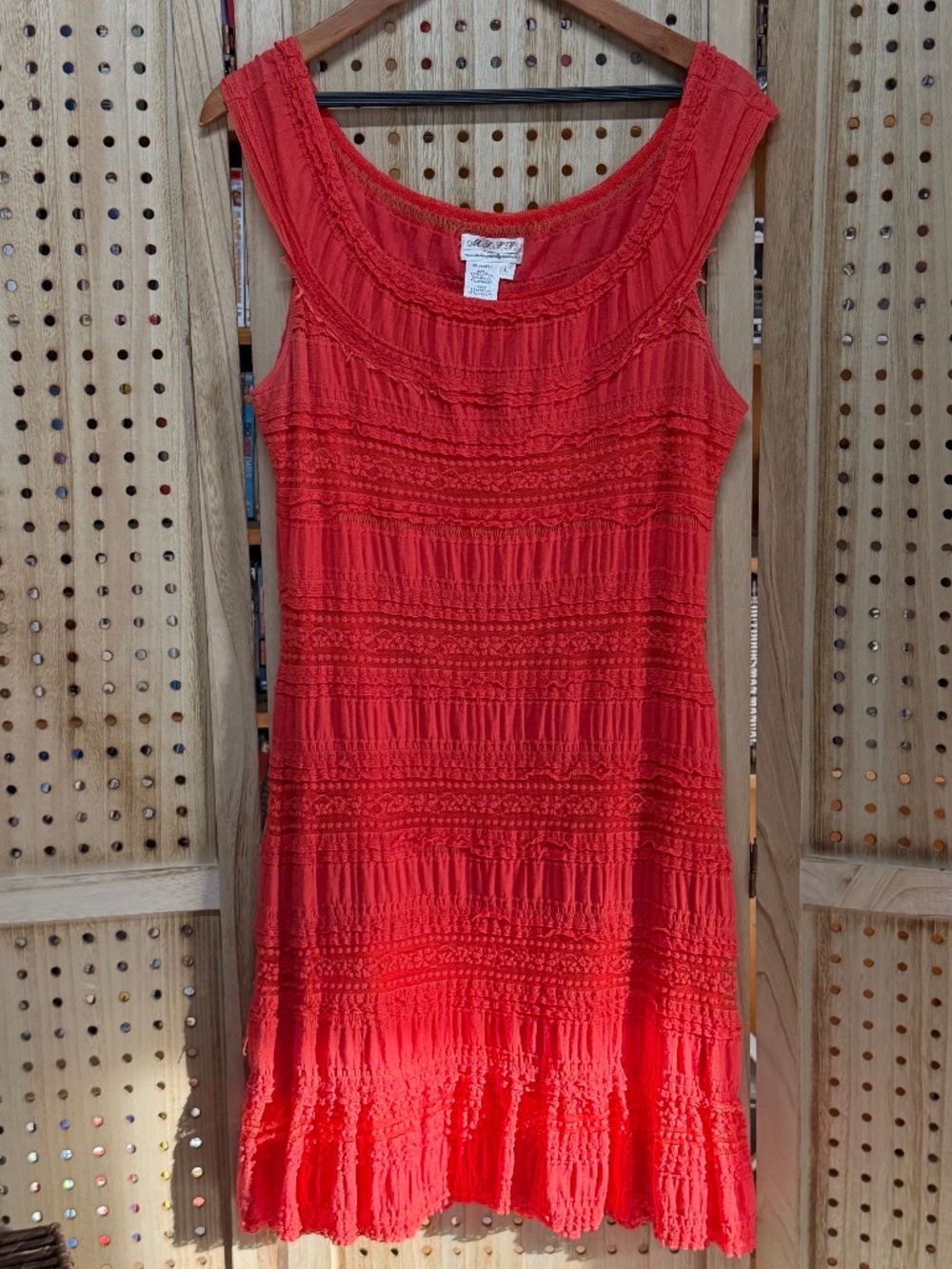 Boho Lace Ruffle Hem Dress Coral Red Romantic Cottagecore Size Large